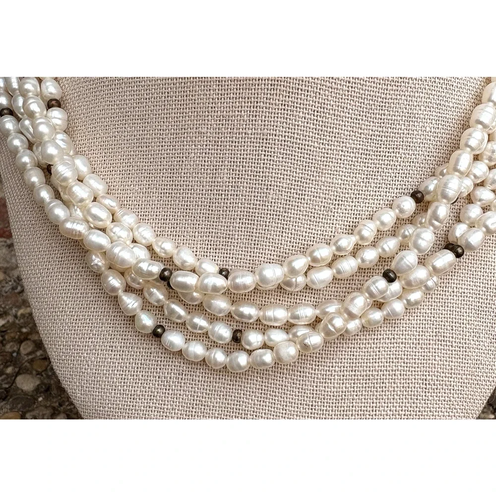 Vintage Faux White Pearl Gold Accent Jewelry Set 5 Strand Necklace‎ & Bracelet